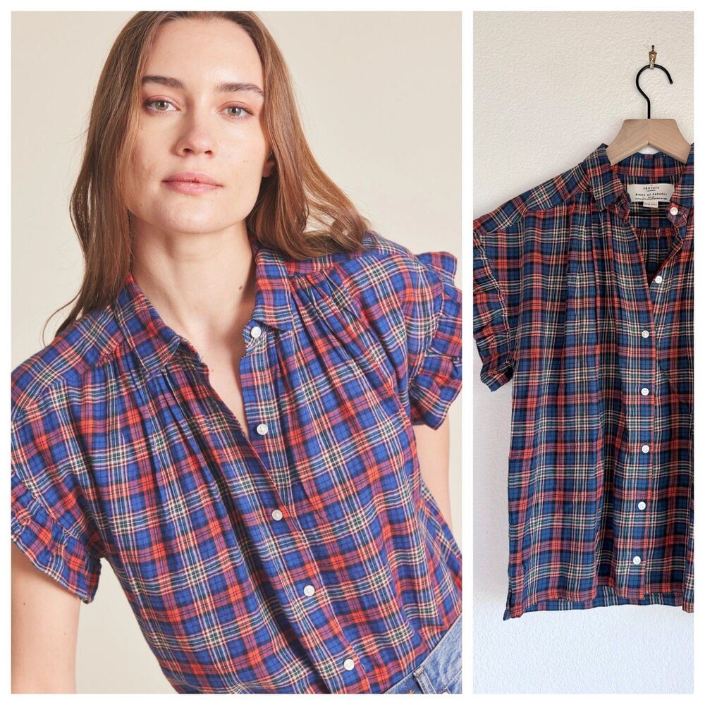 NEW Trovata Birds of Paradis Marianne B Ruffle Sleeve Blouse in Blue & Red Plaid